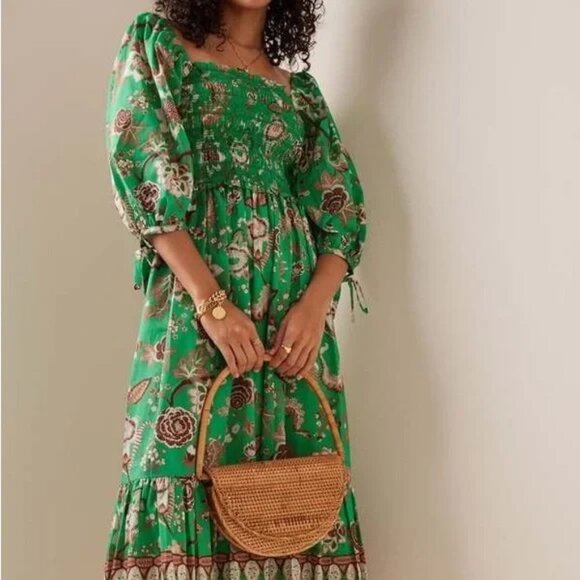 Cara Cara Jazzy Floral Dress Smocked Bodice Short Puff-Sleeve - Picture 2 of 5